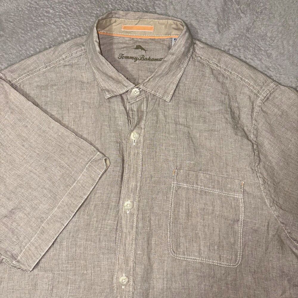 Tommy Bahama Mens XL Solid Beige Linen Short Sleeve Button-Up Shirt Pockets
